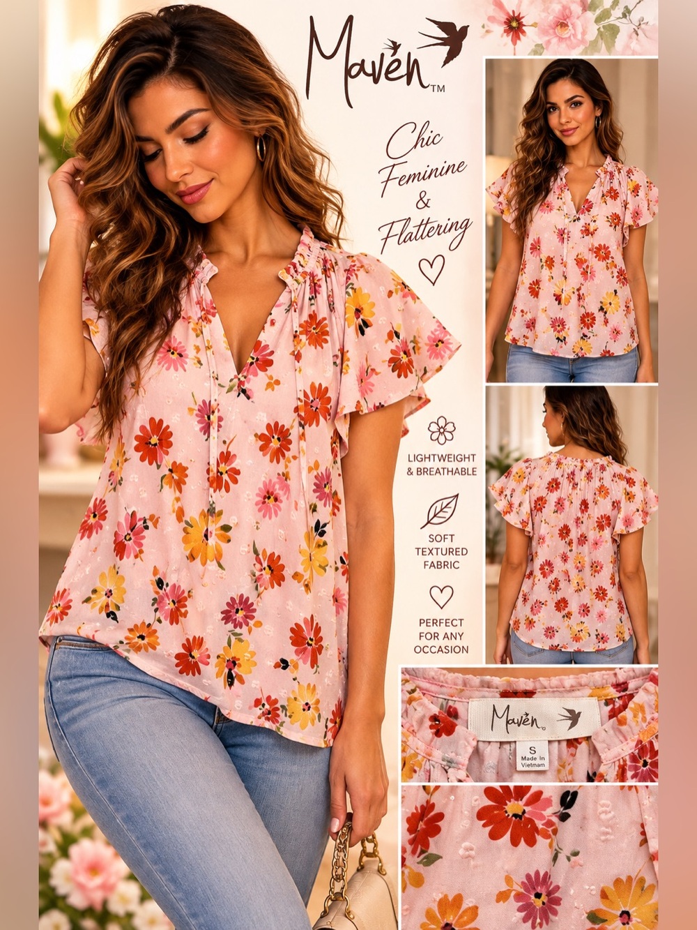Maven Pink Floral Flutter-Sleeve V-Neck Blouse size small